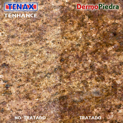 Tenax Tenhance reavivante hidrofugante más antimanchas muestra en granito pulido.
