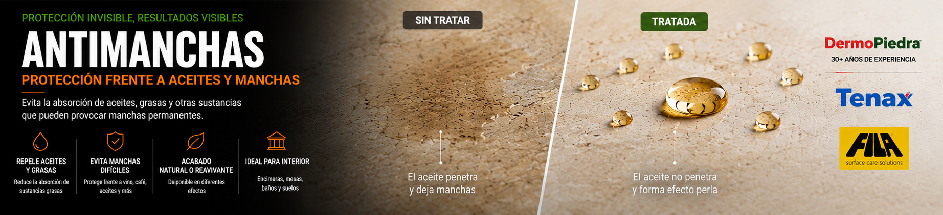 Protector antimanchas para piedra natural: aceite absorbido en piedra sin tratar y efecto perla en piedra protegida
