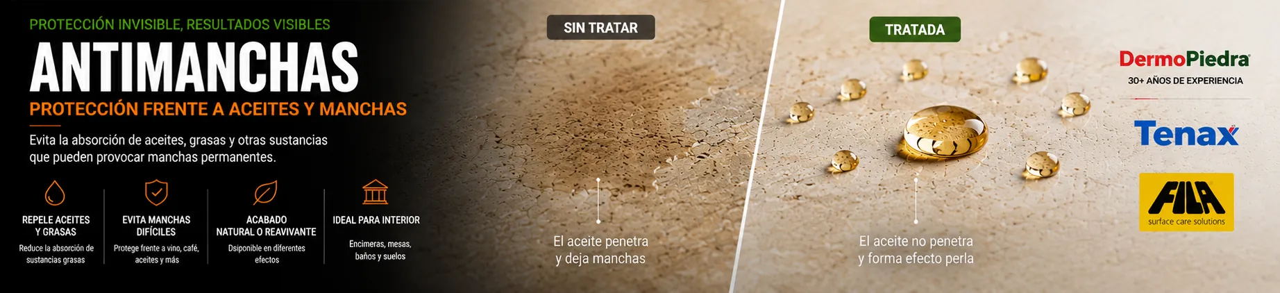 Protector antimanchas para piedra natural: aceite absorbido en piedra sin tratar y efecto perla en piedra protegida