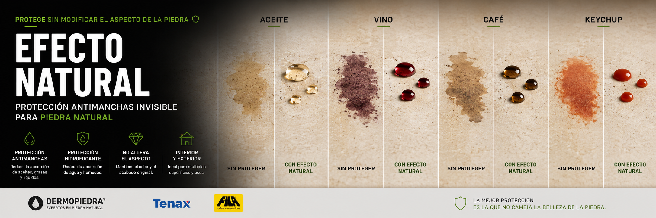 Comparativa visual de protector antimanchas efecto natural mostrando manchas de aceite, vino, café y ketchup sobre piedra sin proteger y piedra protegida